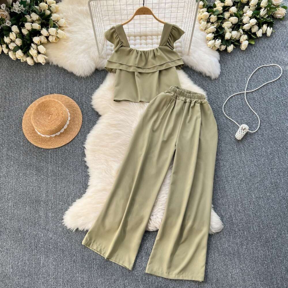 Korean style vacation style set for women with sweet flying sleeves ruffled top loose and slimming wide leg pants two-piece set