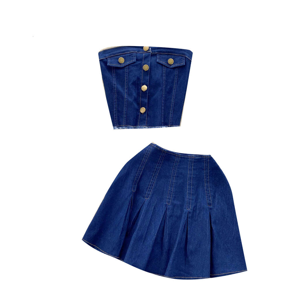 This years popular fashion set spicy girl style sexy strapless versatile short pleated skirt denim two-piece set