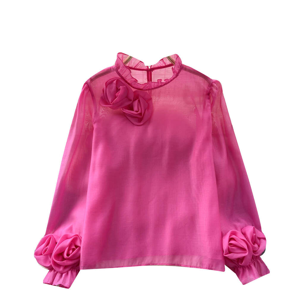 2024 Early Spring New Top Womens Design Sense Three Dimensional Flower Bubble Sleeves Reduce Age Ear Collar Chiffon Shirt Womens Trend
