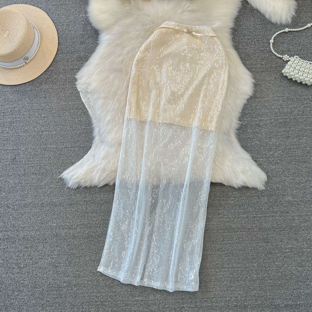 Fashionable set for women sweet and spicy sexy and sparkling sequin strapless tank top two-piece high waisted and hip wrapped skirt