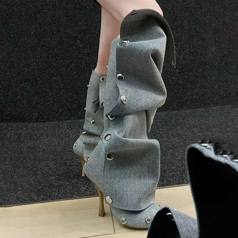 Heel Long Women High Botte Winter For Botas Mujer Thin Heeled Pointed Denim Boots Metal Button Shoes