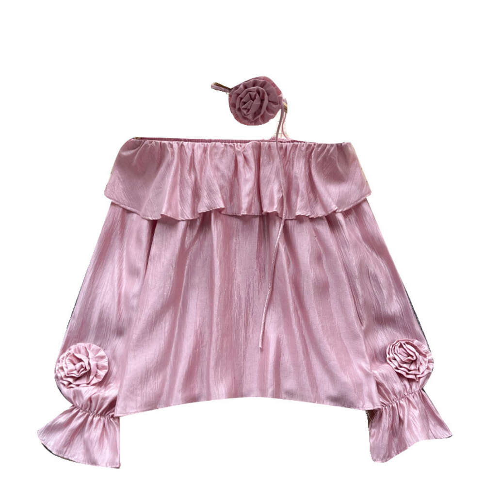 French Chiffon Shirt Womens Sweet Ruffle Edge One line Neck Off Shoulder Design with Three Dimensional Flower Bubble Sleeve Top Womens Spring