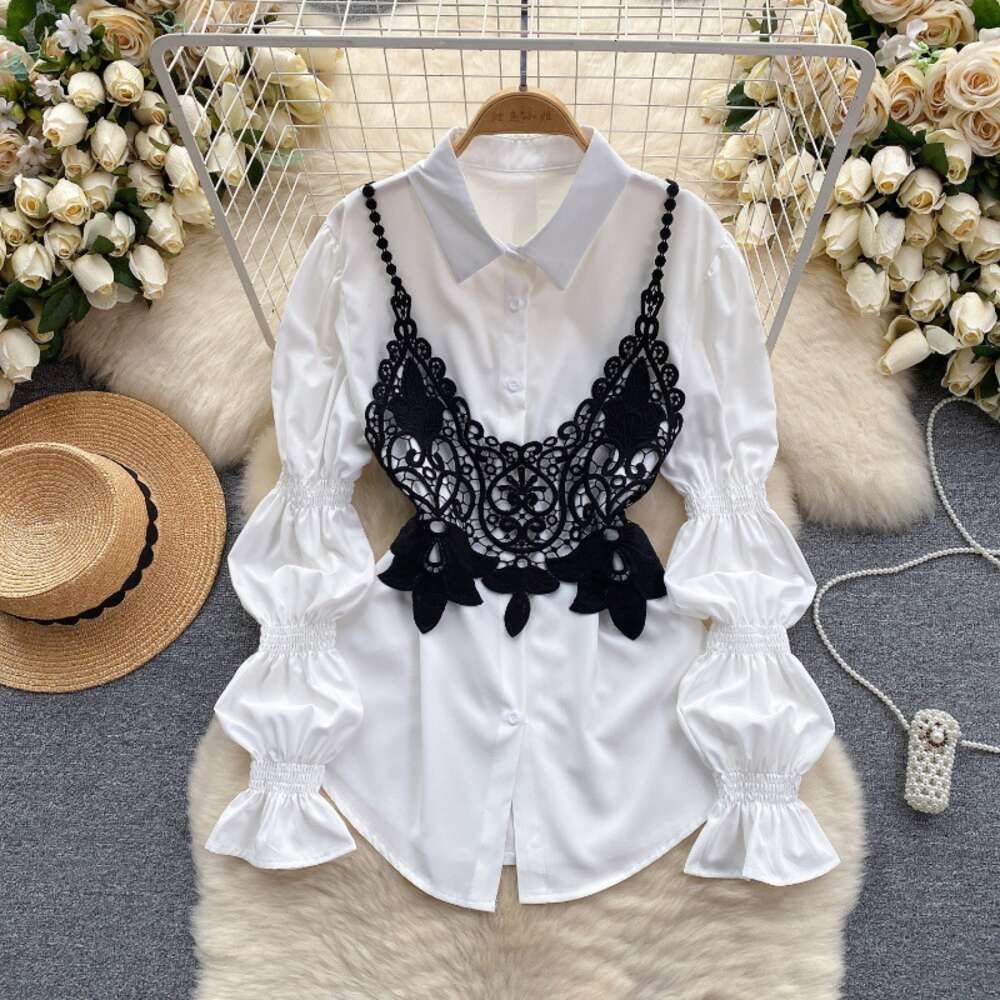Chic crochet suspender vest fashionable and versatile with bubble sleeve shirt design two piece set