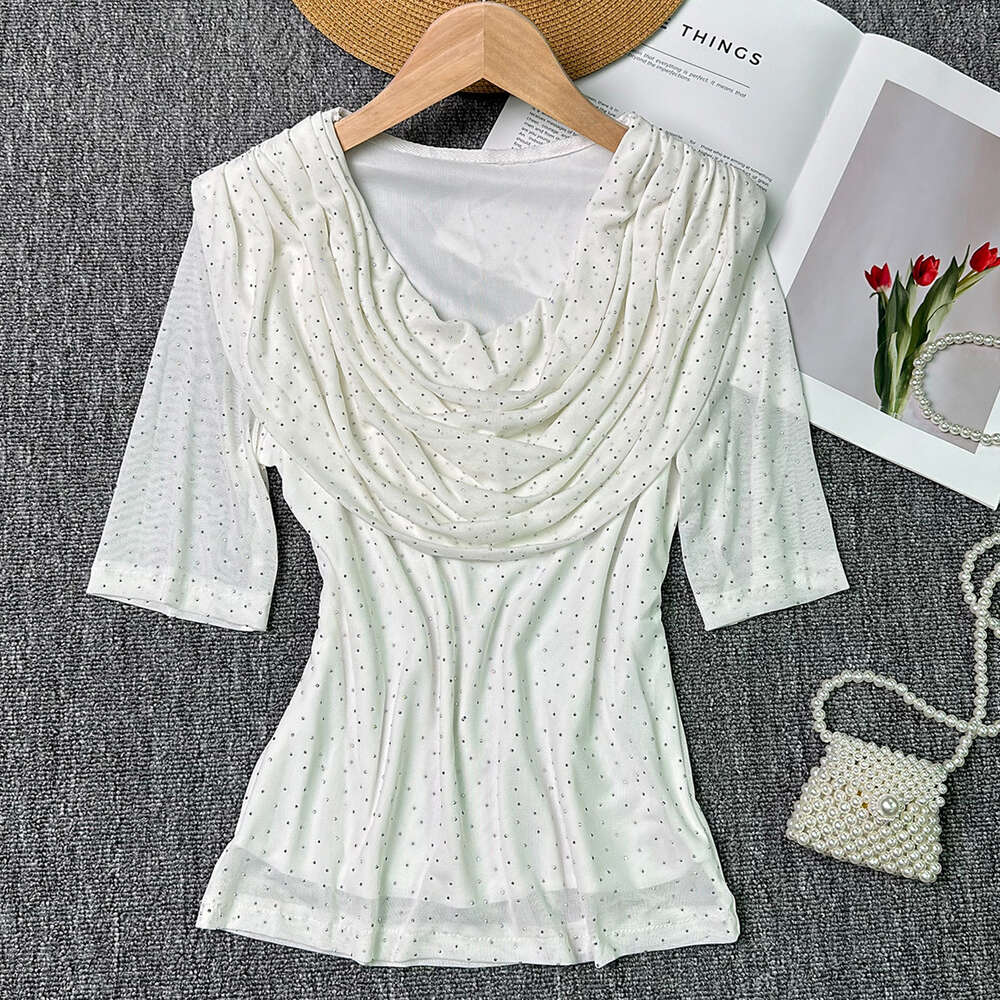 Top Summer Womens Light Luxury Heavy Industry Hot Diamond Slim Fit Short Sexy Perspective Mesh Bottom T-shirt