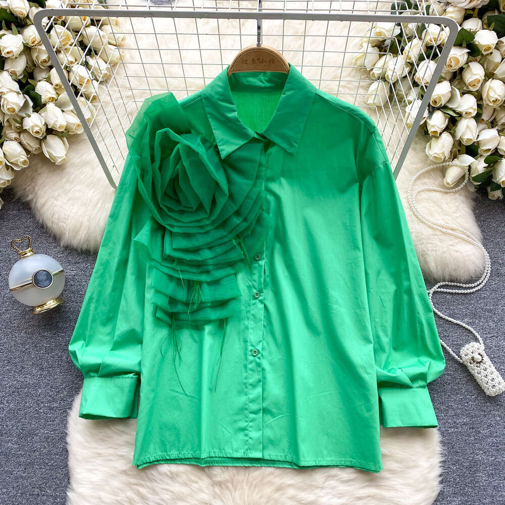 Spring womens shirt design three-dimensional floral slim fit versatile solid color long sleeved shirt French age reducing new top