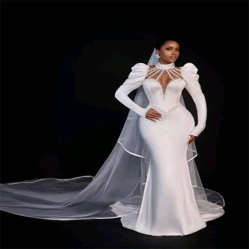 African White Mermaid Wedding Dresses For Bride High Collar Long Puff Sleeve See Through Beading Garden Bridal Gowns Princess Satin Church Country Bri
