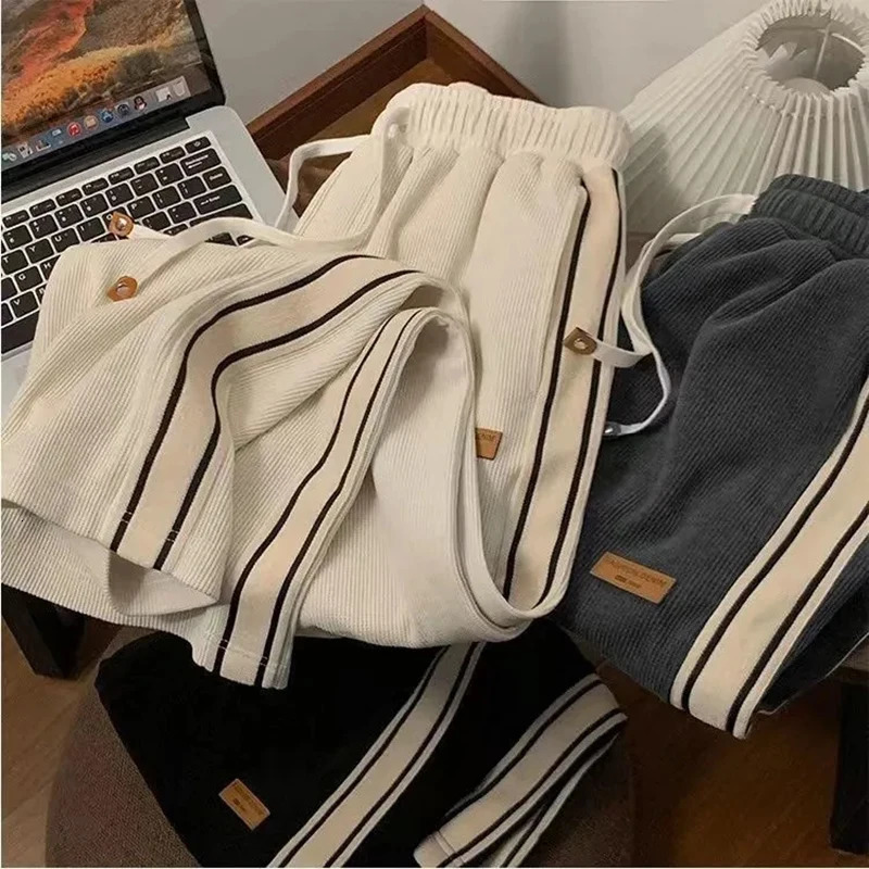 Fall Striped Corduroy Sweatpants Women Winter Thick High Waist Drawstring Wide Leg Trousers Y2K Korean All-Match Straight Pants 240530