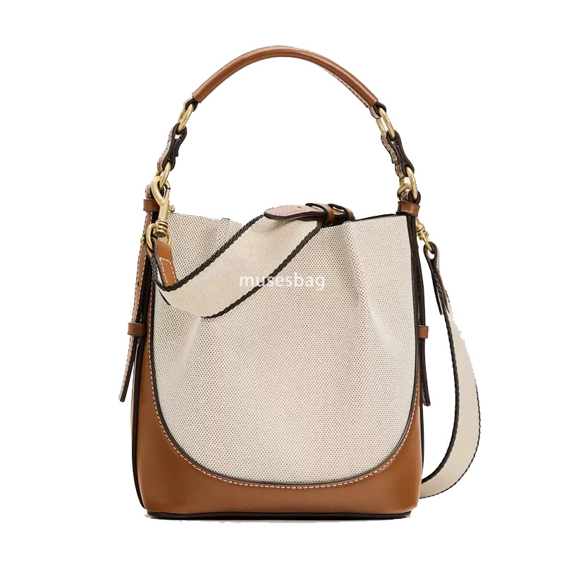 New Fashionable Brown Single Shoulder Bag Korean Edition Band Mouth Handheld Shoulder Bag Wide Shoulder Strap Band Mouth Water Bucket Bag