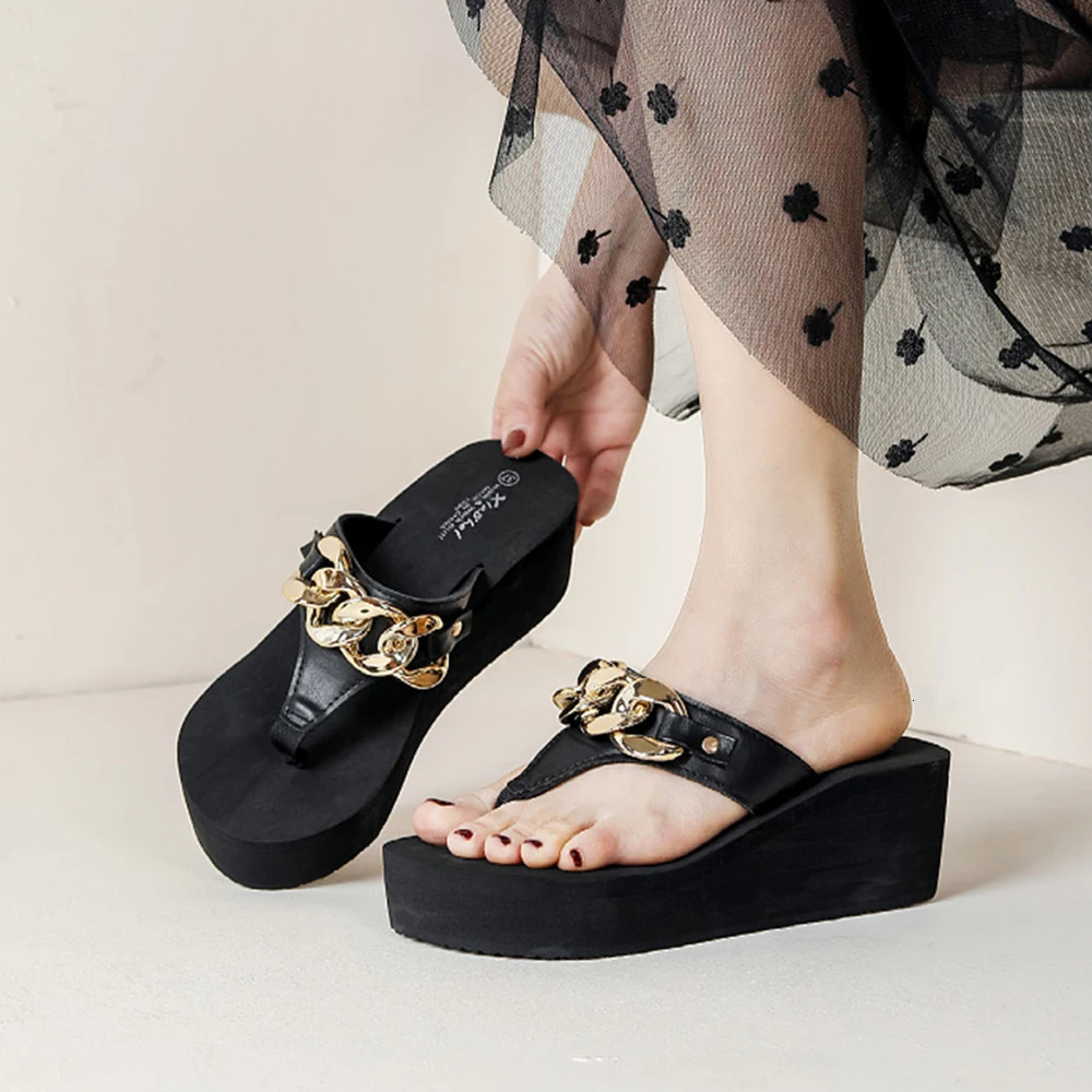 Womens summer slider vacation flip 6cm platform sandals with chain charm beach slide free casual outdoor womens shoes 240606