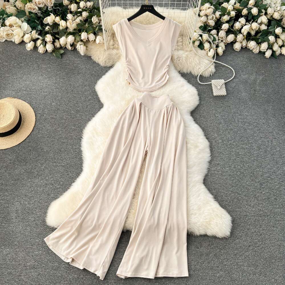 Chic Casual Set Womens Mind Machine Pleated Waist Short Top Versatile High Waist Wide Leg Pants Two Piece Set Trendy