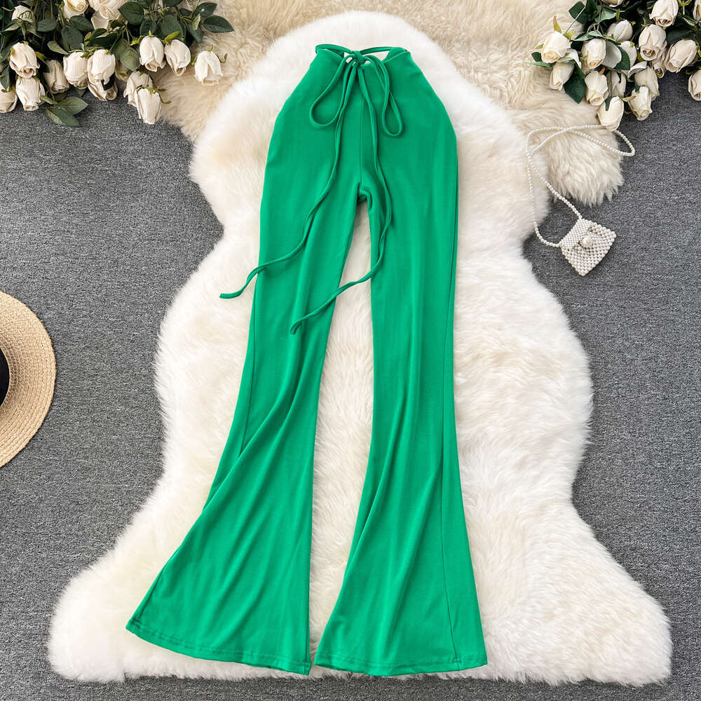 Spicy Girl Wearing Design Sense Tie Up Waist Slimming Slim Fit Bag Hip Long Flare Pants Sexy Yoga Pants