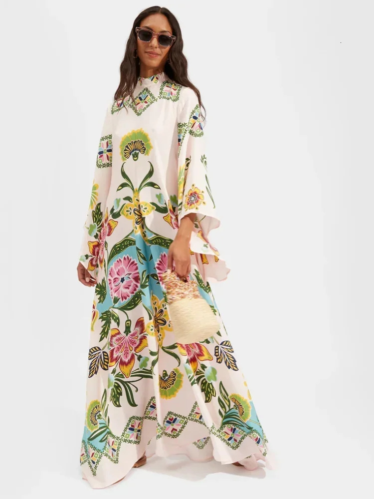Vintage Print Spliced Maxi Dress With Ribbon Women Casual V Neck Flare Long Sleeve Dresses 2024 Summer Lady Elegant Party Robes 240603