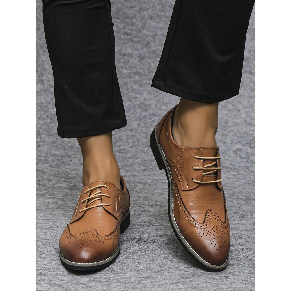 S Formal Men Block Carving Solid Color Pointed Toe Low Cut Lace Up Heel Shoes Banquet Style Middle Aged Business Pu Leather For All Seasons Ddmysaturn