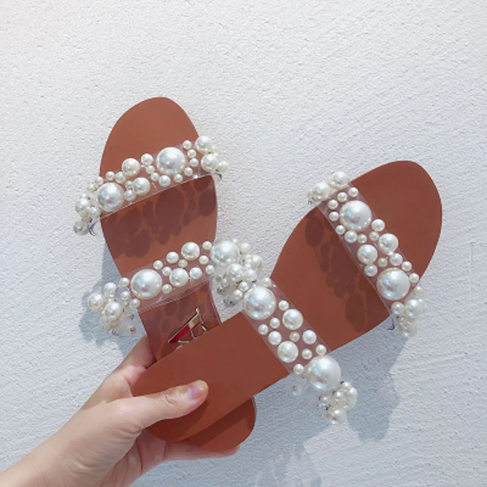 Womens Bohemian pearl slippers flat sandals summer open toe womens crystal shoes 240606
