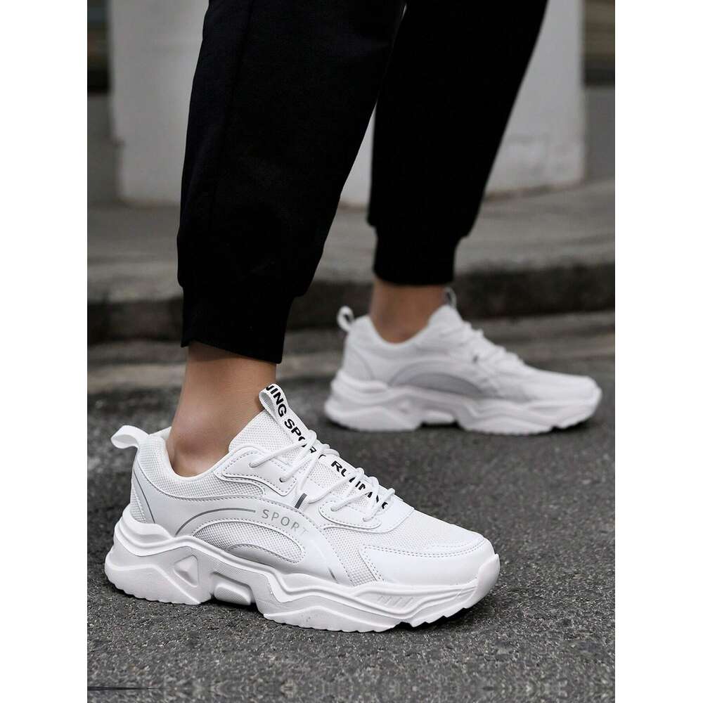 Men's Fashionable Breathable Slip Resistant Low Top Sneakers With Lace Up, Solid Color, Comfortable And Durable, Chunky Sneakers, Casual Shoes