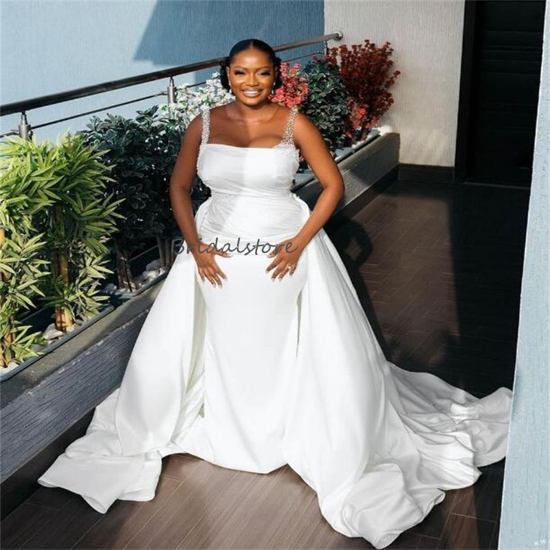 Stunning Mermaid Wedding Dresses With Detachable Train 2024 Elegant Plus Size African 2 In 1 Country Bridal Gowns Beaded Satin Church Bride Dress Vest