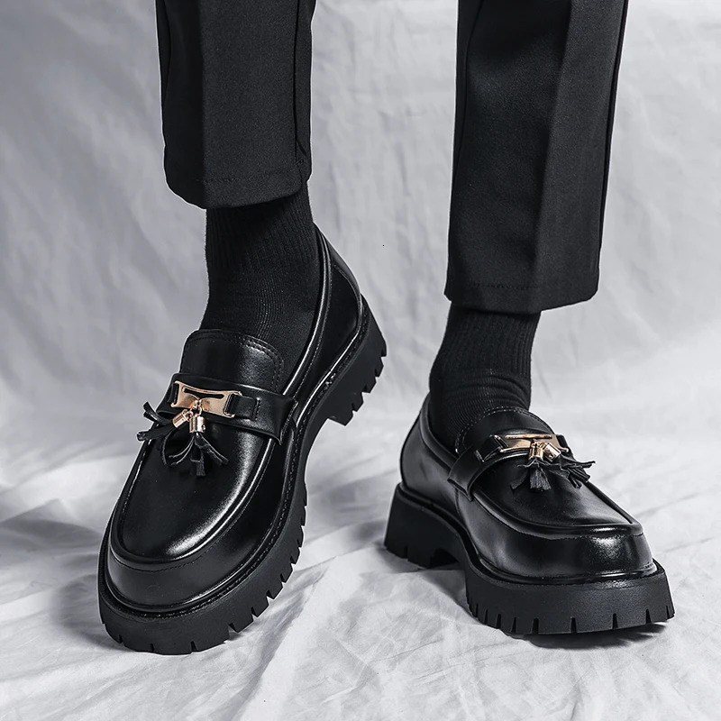 Mens Platform Leather Casual Shoes Black Loafers Dress Business Fashion Wedding 240606
