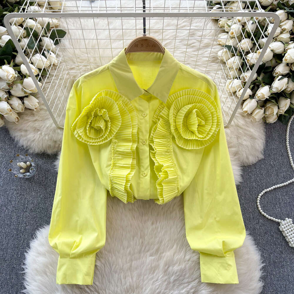 European style shirt womens design with pressure pleats three-dimensional floral and ruffled edges loose and slimming and versatile bubble sleeve top 
