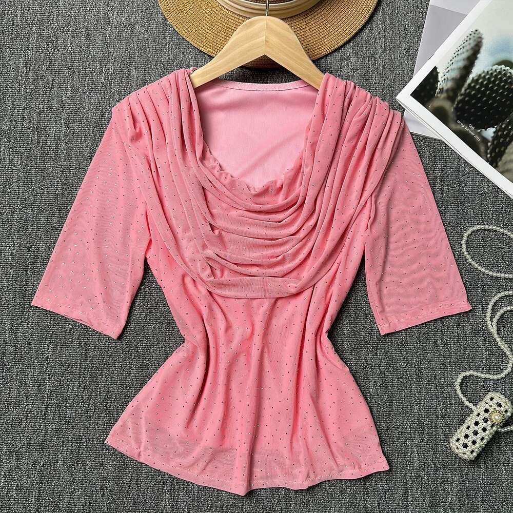 Top Summer Womens Light Luxury Heavy Industry Hot Diamond Slim Fit Short Sexy Perspective Mesh Bottom T-shirt