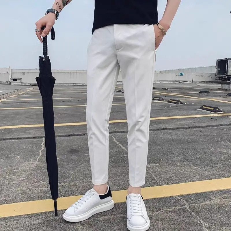 Streetwear Fashion Men Solid Color Smart Casual Suit Pants Spring Summer Thin Slim Fit Business Cropped Straight Trousers 240527