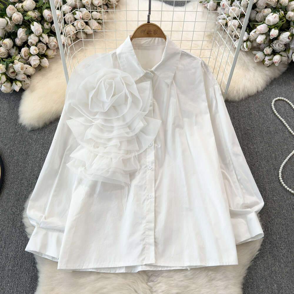 Fashionable socialite temperament design sense long sleeved three-dimensional flower Polo collar loose single breasted shirt for womens casual top