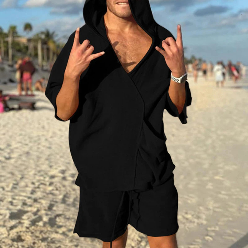 Mens Cotton Linen Two-Piece Set Short-Sleeve Hoodie V-Neck T-Shirt Loose Home Suits Irregular Shorts Monochromatic Summer 240530