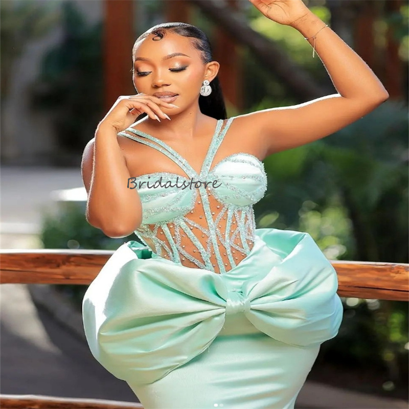 Beautiful Mint Green Mermaid Prom Dresses For Black Girls Beaded Plus Size African Evening Gowns With Big Bow Elegant Birthday Formal Occasion Party G