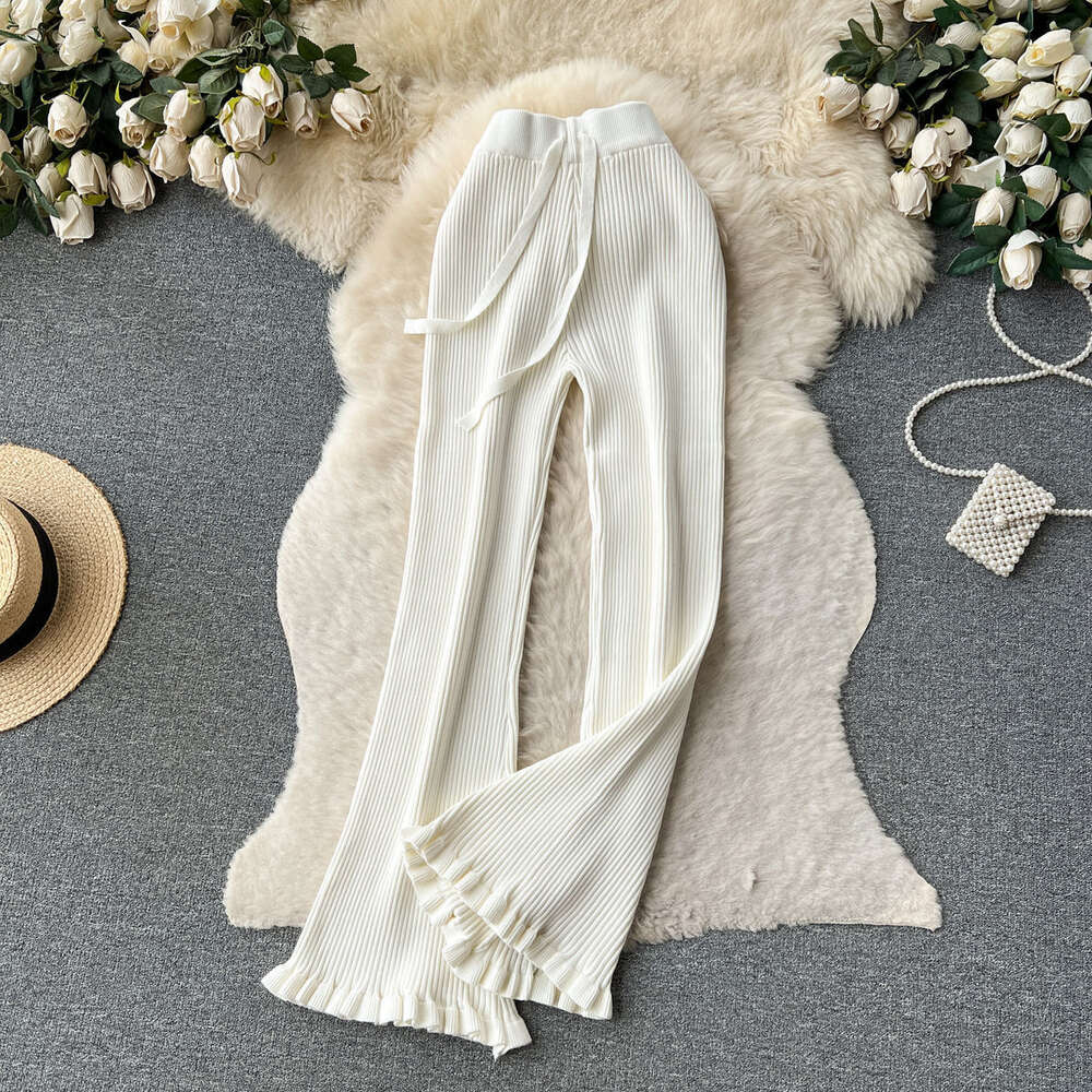 Minimalist and high-end knitted casual pants for women in autumn high waisted and slim with tassels design straight tube and draped floor mop pants