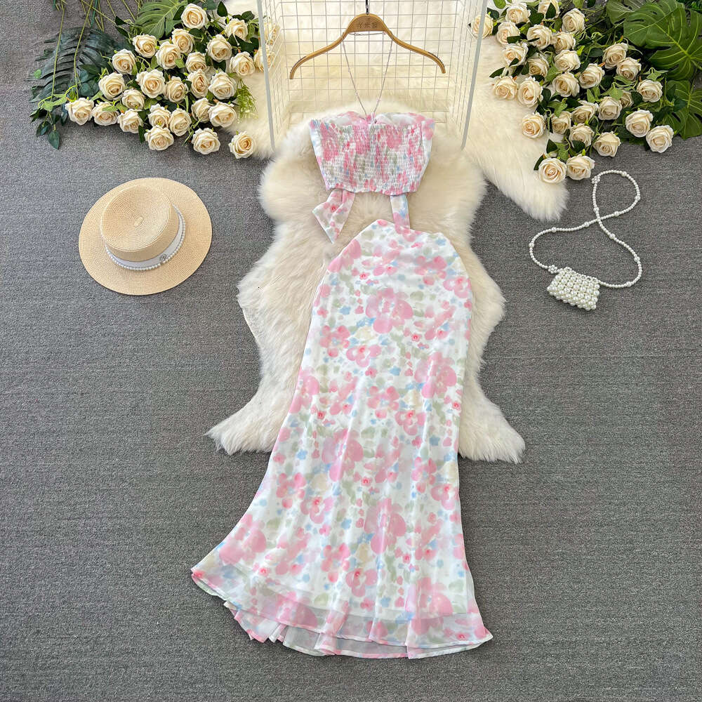 Fashionable set seaside vacation strapless camisole two-piece set high waisted wrap buttocks fishtail floral chiffon skirt