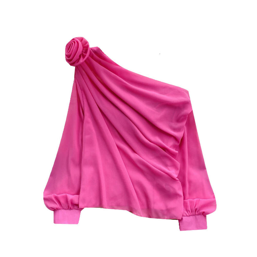 Chiffon shirt for women in 2024 new design sense three-dimensional flower diagonal collar off shoulder bubble sleeve French top womens spring fashion 