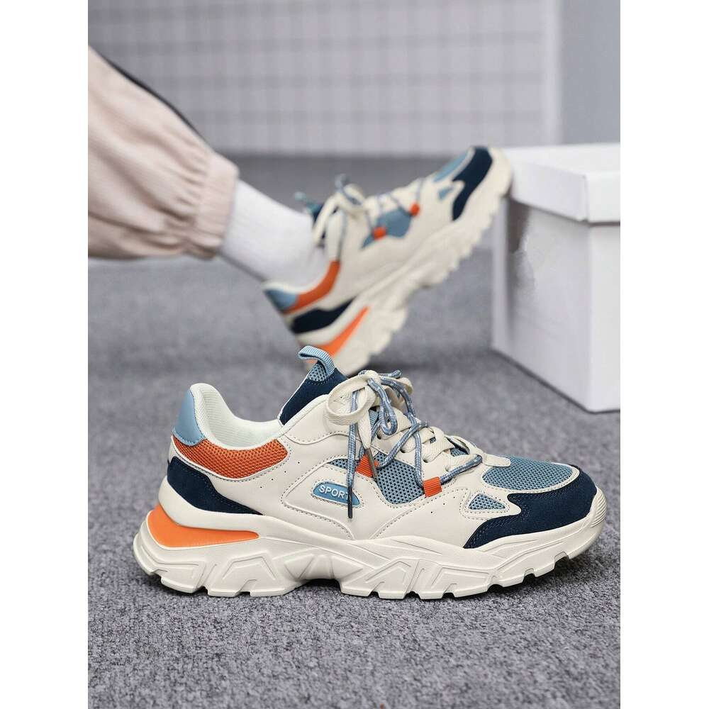 Men's Double Lace-up Unique Front Tie Design Peculiar Color Blocking Thick Bottom Chunky Sneakers