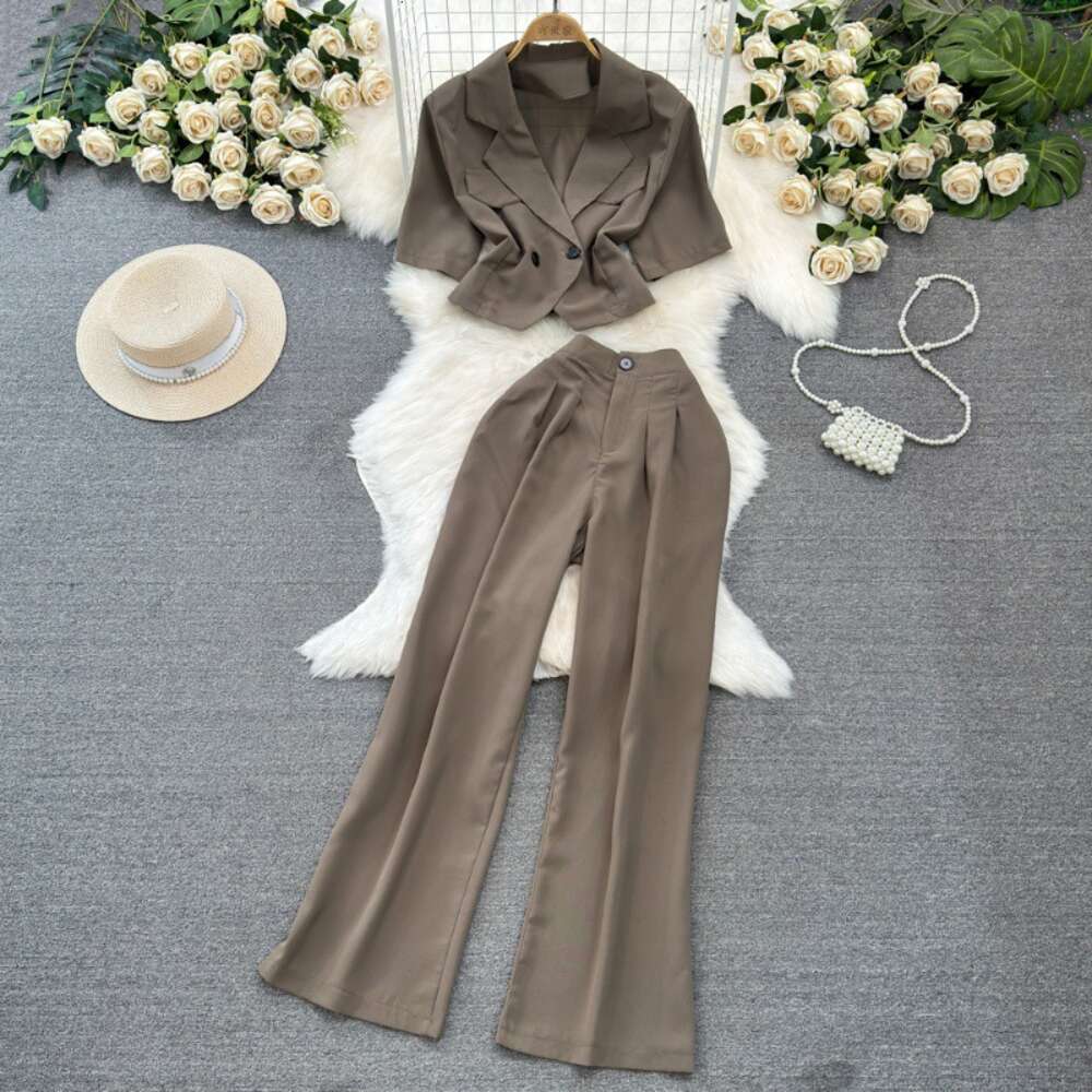 Fashion set womens Korean short sleeved suit collar slim fit short top two-piece high waisted straight leg wide leg pants