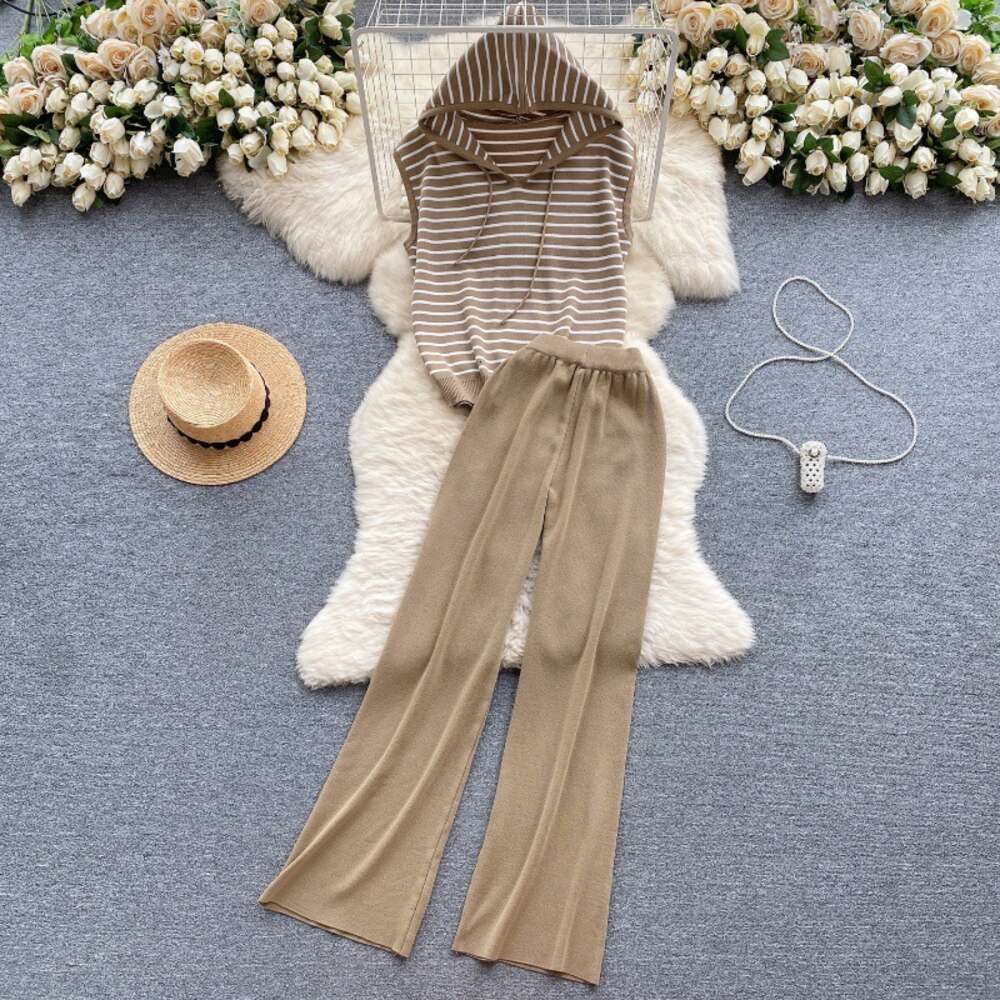 Korean casual outfit womens striped hooded knit top loose and versatile wide leg pants two-piece fashion set