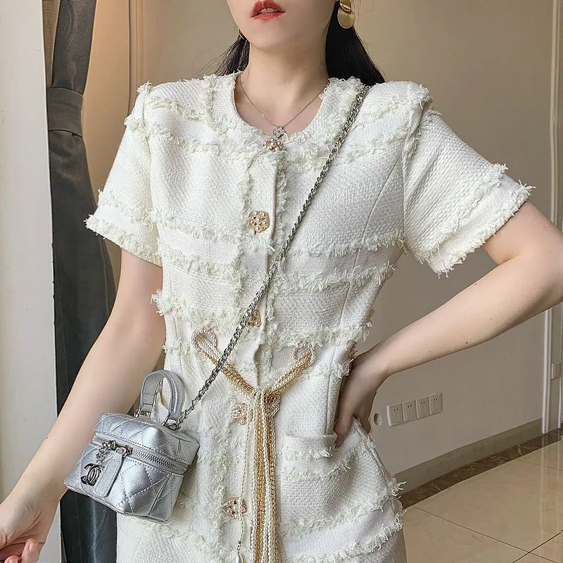 High Quality Fall Winter Fashion Women Cashmere Braid Tweed Button Pocket Pearls Chains Tassel Spliced Elegently Mini Dress 240529