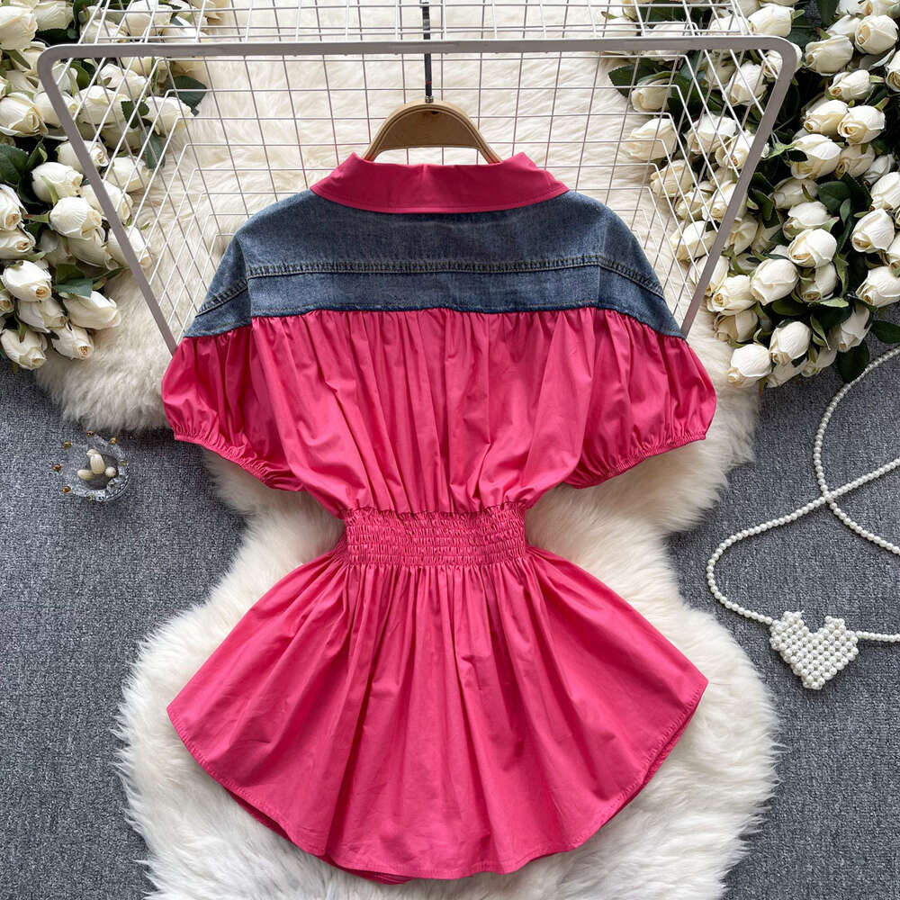 Korean version of womens clothing design with contrasting color patchwork age reducing bubble sleeves elastic waistband for slimming fashionable and v