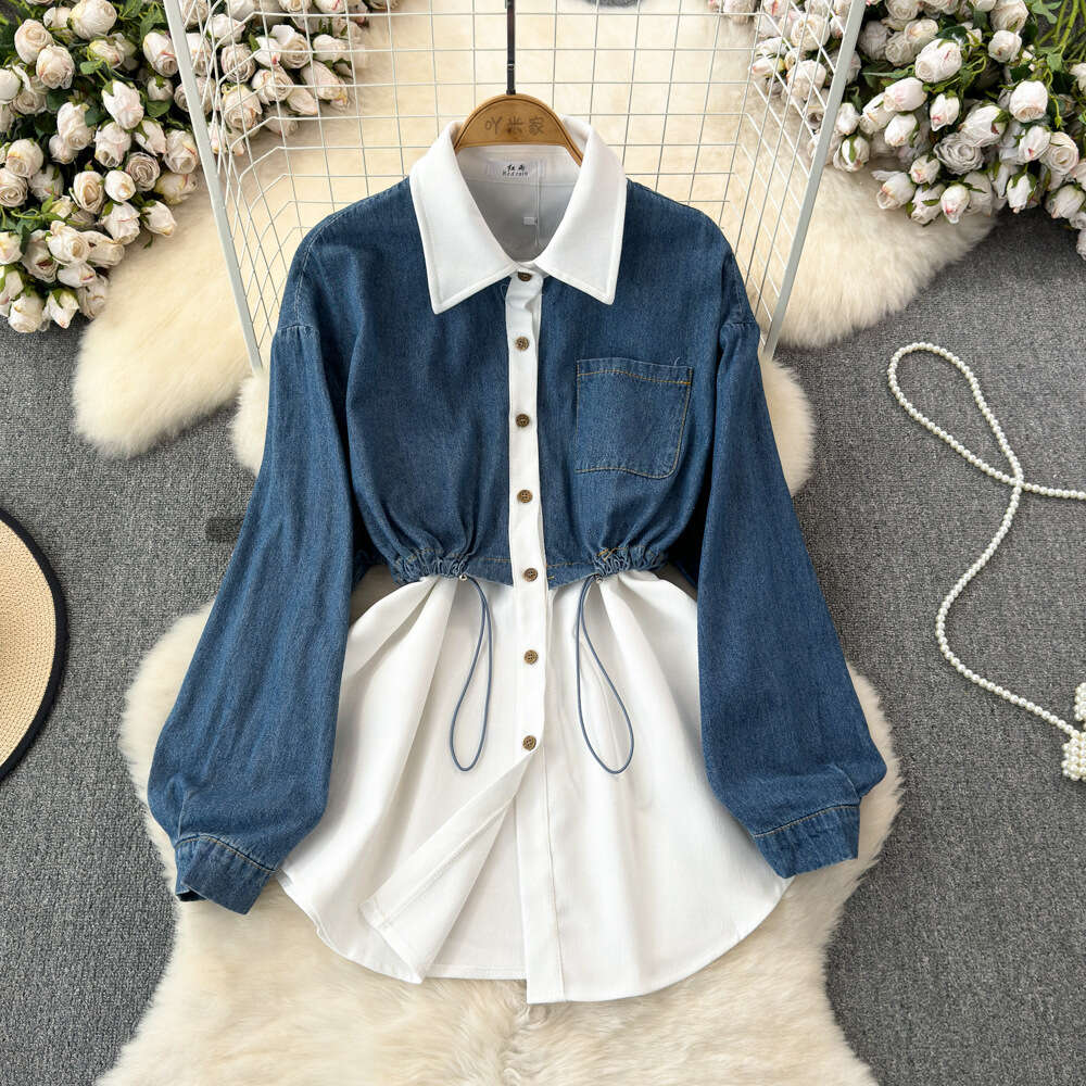 2024 Spring and Autumn Korean version fake two-piece long sleeved denim patchwork lapel waist tied shirt womens casual and stylish top