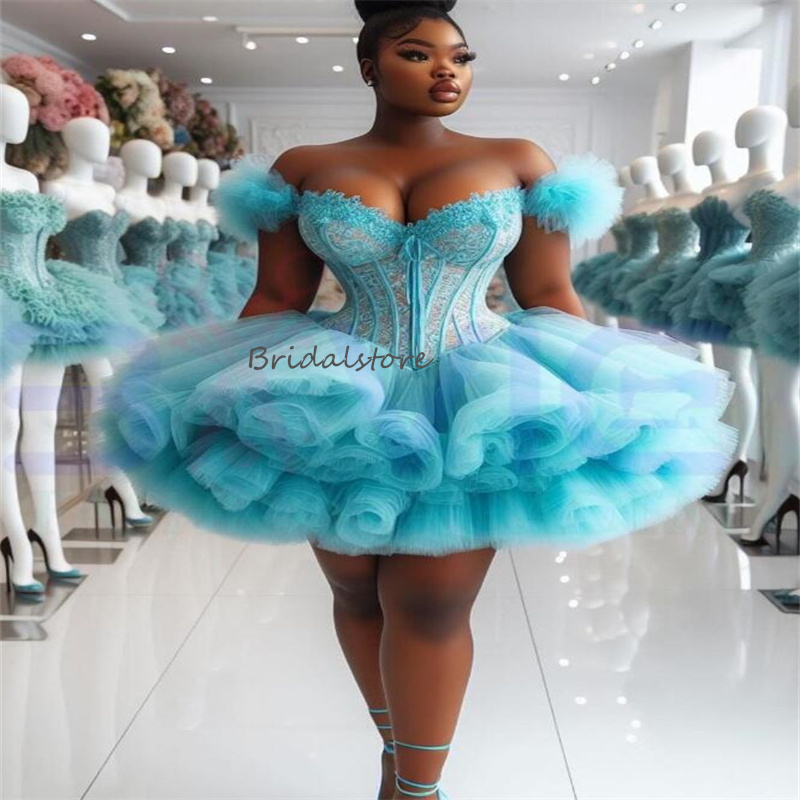 Luxury Blue Ruffles Short Prom Dresses 2024 Off Shoulders Mini Aso Ebi Birthday Dress Elegant Lace Tiered Ruffles Cocktail Dress Formal Evening Black 
