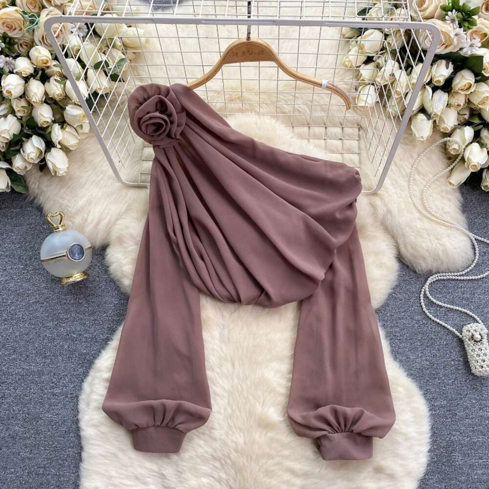 Chiffon shirt for women in 2024 new design sense three-dimensional flower diagonal collar off shoulder bubble sleeve French top womens spring fashion 