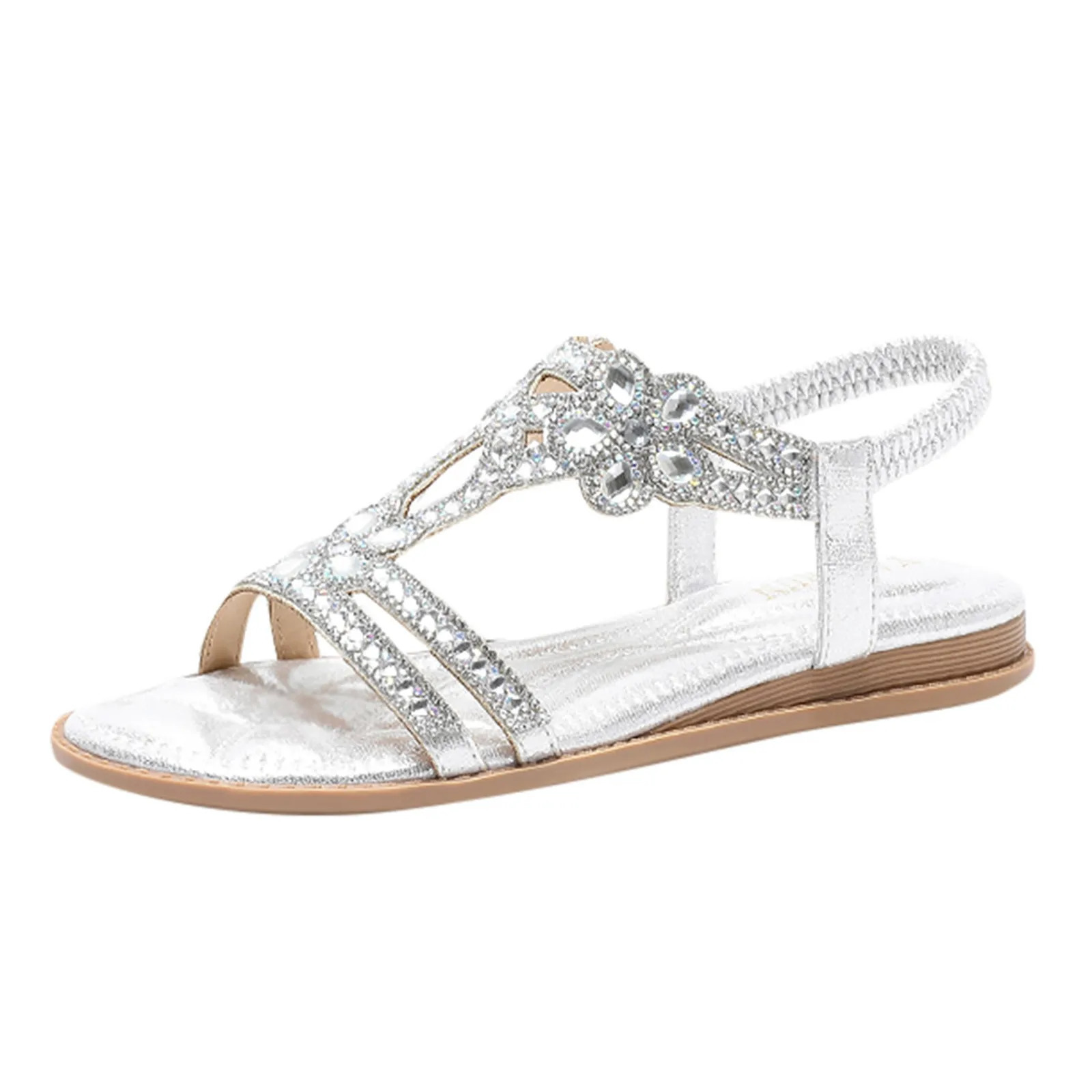 Rhinestones Sandals For Women With Elastic Ankle Strap Bohemian Beach Shoes Fashion Crystal Floral Casual Open Toe Shoes 240528