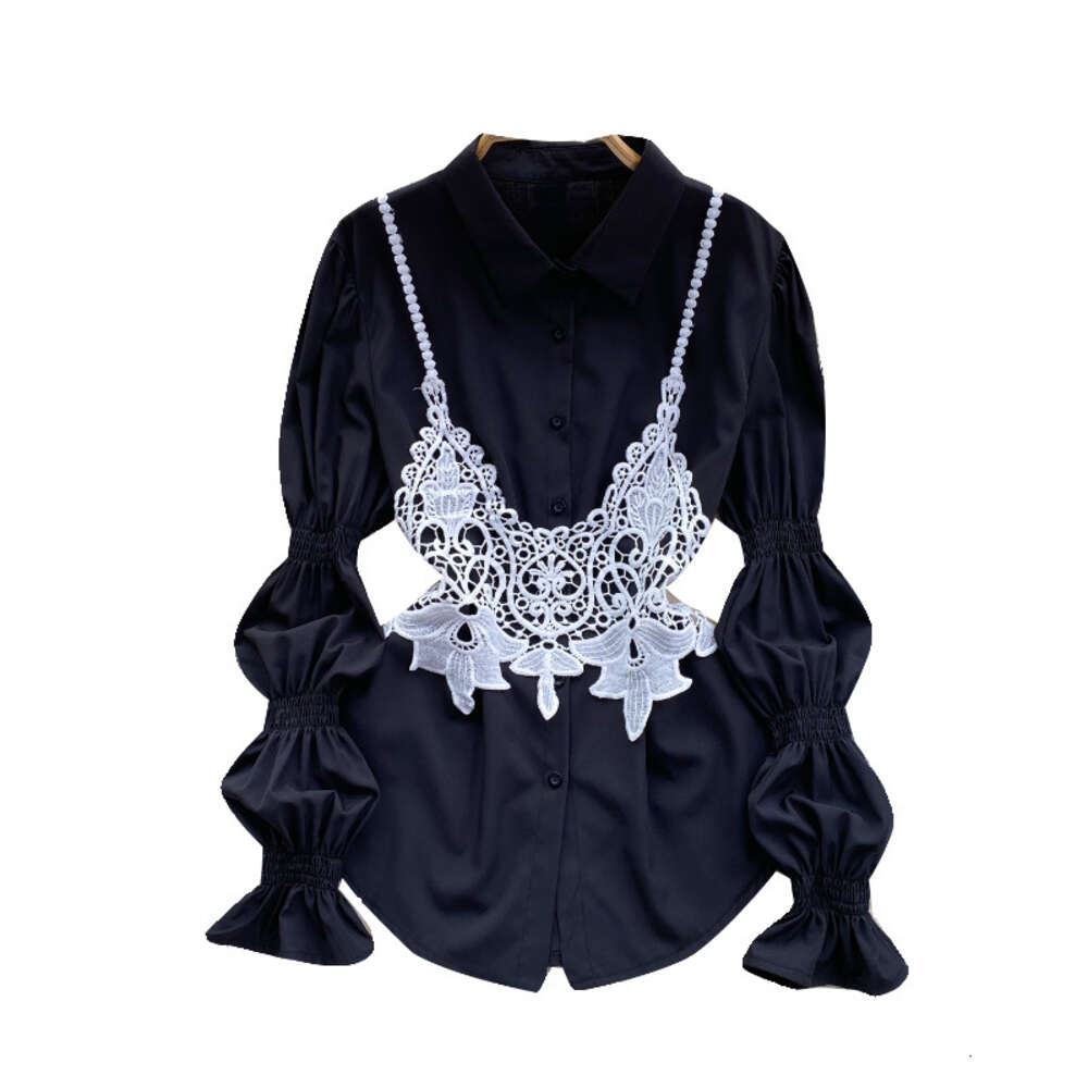 Chic crochet suspender vest fashionable and versatile with bubble sleeve shirt design two piece set