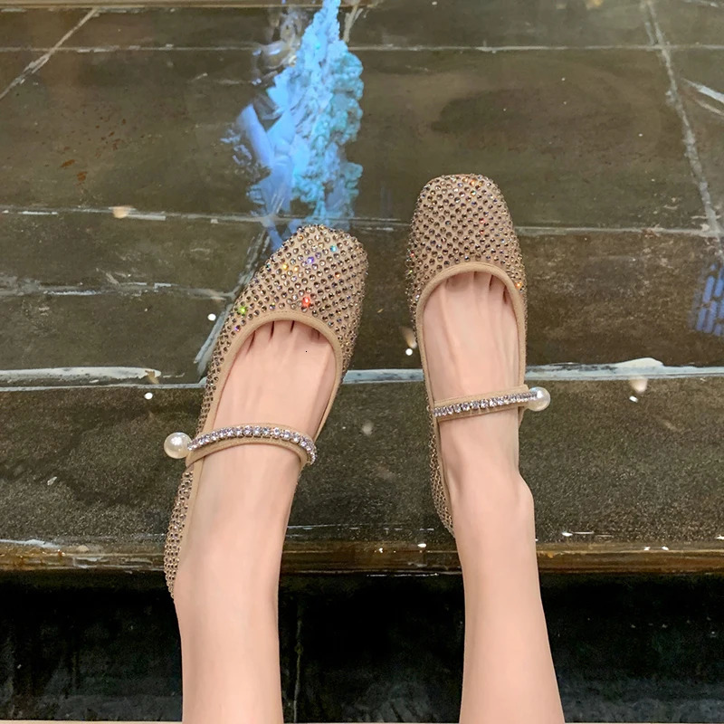 Full Diamond Air Mesh Ballet Shoes Womens Square Toes Mary Jens Crystal Apartments Ladies Bride Wedding Slippers Dance Shoes 240606