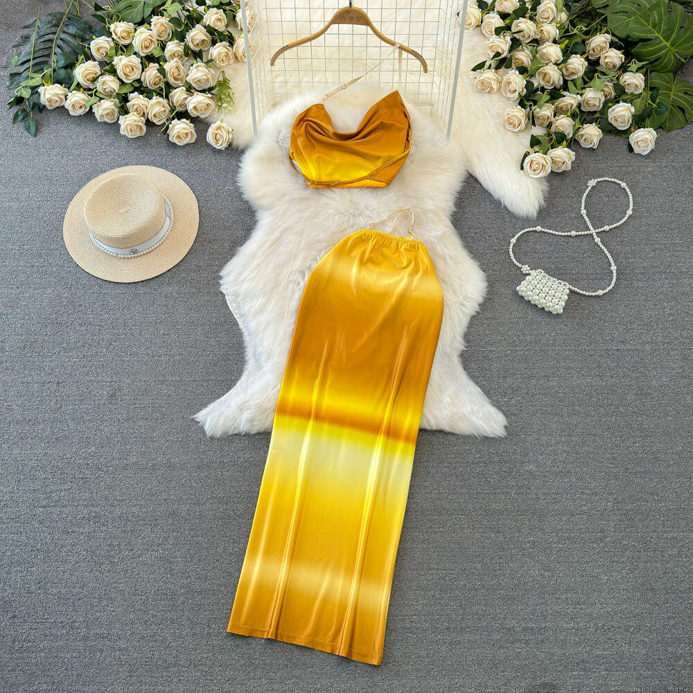 Fashionable set for women pile up collar strapless camisole two-piece high waisted gradient color wrapped hip skirt summer