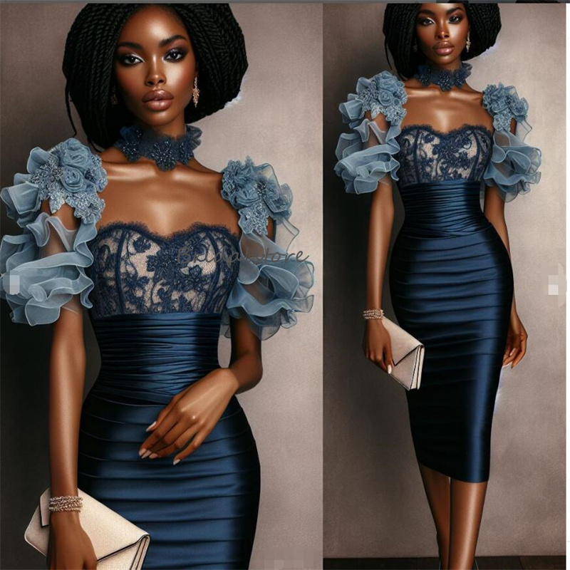 Chic Navy Blue Prom Dresses With Short Sleeves Elegant Tea Length Lace Aso Ebi Evening Dress 2024 Midi Cocktail Dress Black Women Birthday Graudtion T