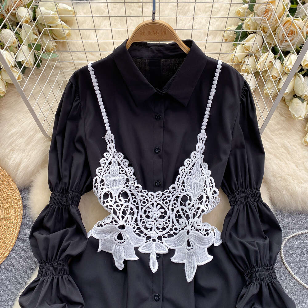 Chic crochet suspender vest fashionable and versatile with bubble sleeve shirt design two piece set