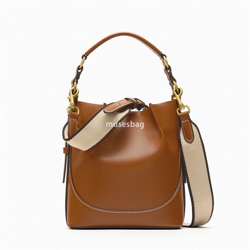 New Fashionable Brown Single Shoulder Bag Korean Edition Band Mouth Handheld Shoulder Bag Wide Shoulder Strap Band Mouth Water Bucket Bag