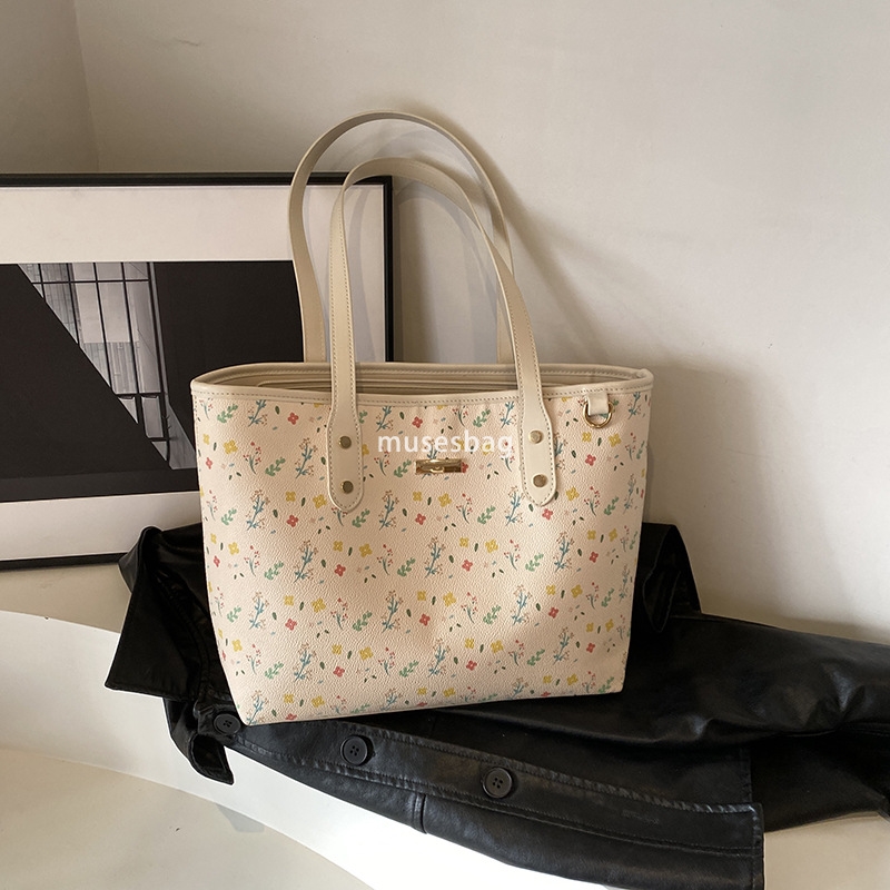 Women's tote bag PU leather strap zipper large capacity handbag fashionable business retro flower handbag student shopping printed large capacity