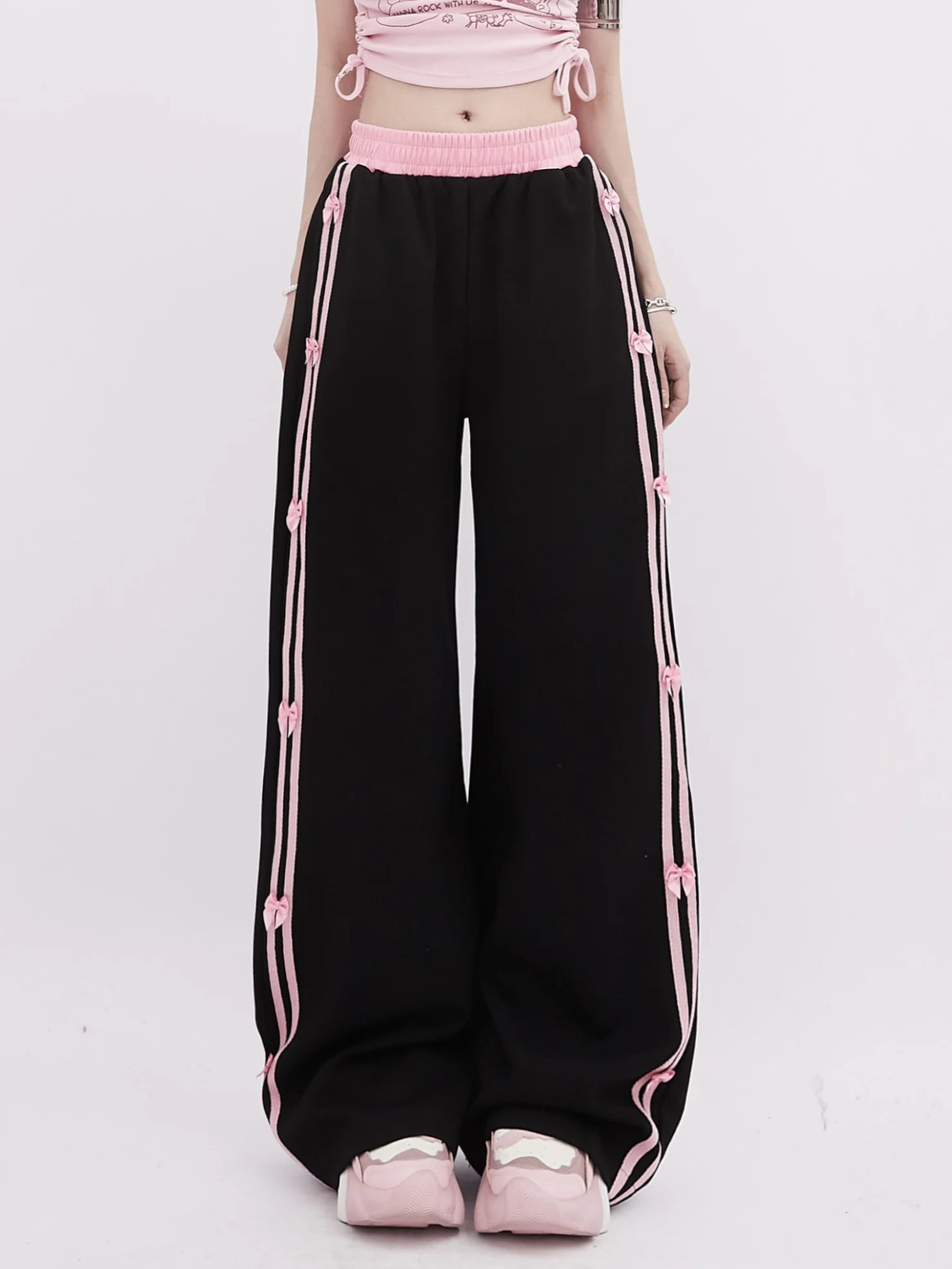 Womens Black Gothic Striped Pants Harajuku Streetwear Sweatpants Jogger Y2k 2000s Aesthetic Bow Pants Vintage Trousers Clothes 240530