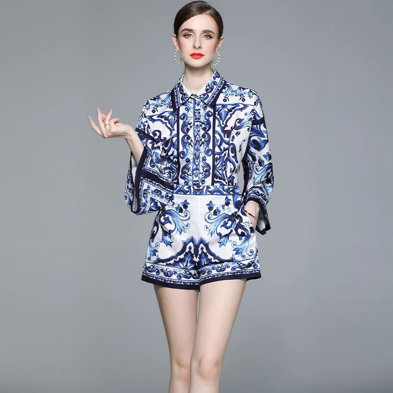 Autumn Runway Fashion Shorts Suit Women Turn-down Collar Blue and White Porcelain Print Shirts and Shorts 2 Pieces Set M6762 240530