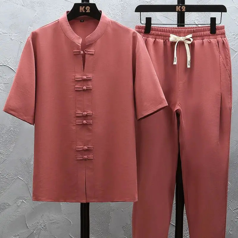 Cotton Linen Shirtspants Sets Summer Sportswear Mens Casual Spring Male Fashion Trousers and Shirts Men Size M-5XL 240530