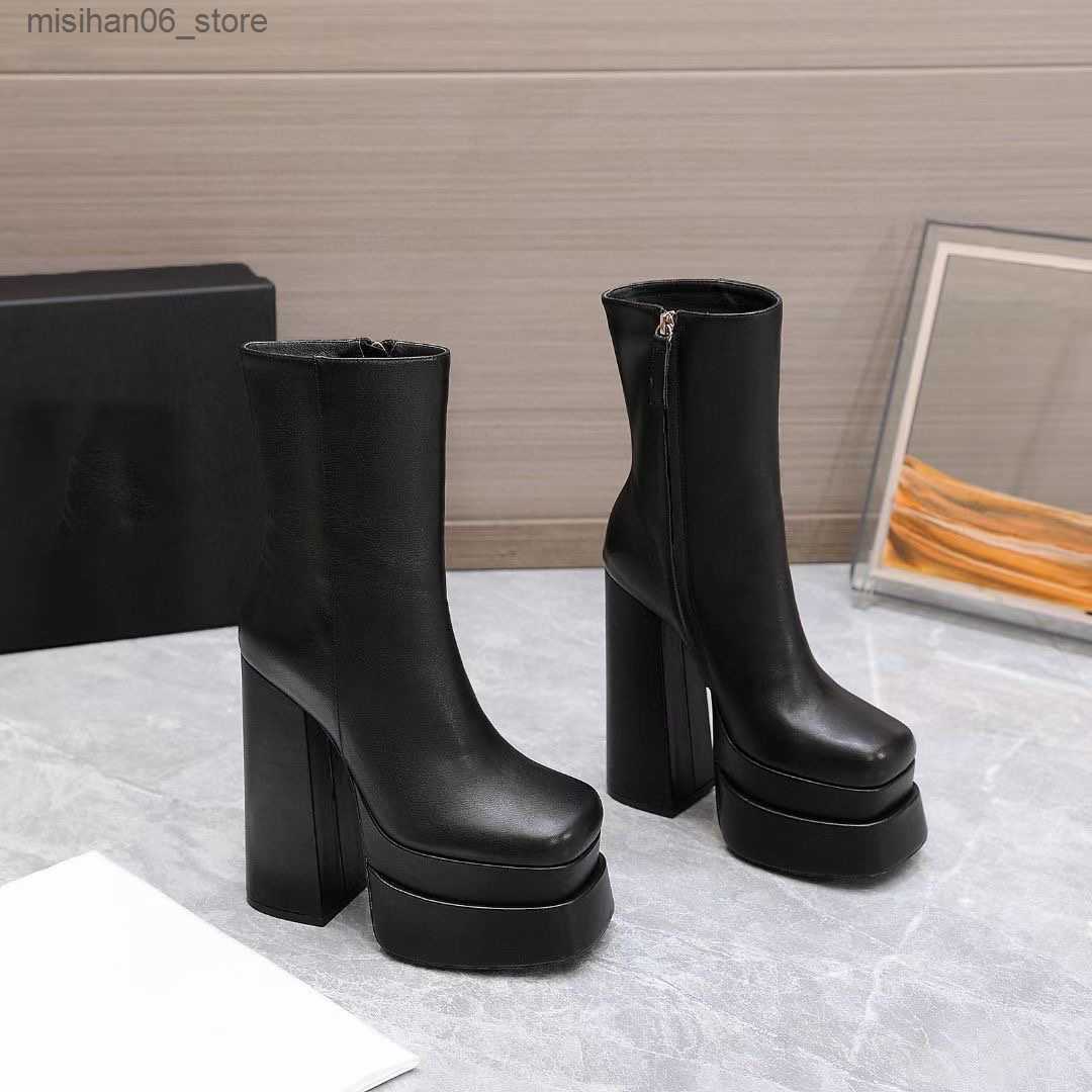 Meduza Aevitas Intrico Leather tall platform Ankle Boots Side Zipper Square Toe block heels booties chunky luxury designer Runway shoes Q240606